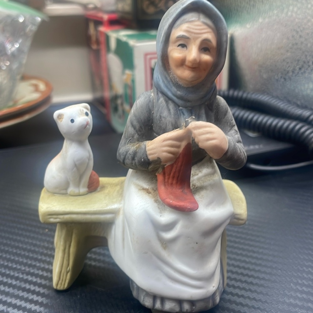Flambro Figurine Lady With Cat Knitting  on Bench Vintage Grandma Gift